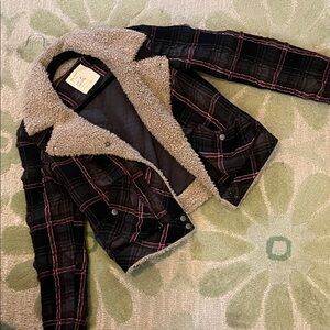 Free People Black and Red Plaid Jean Jacket with Sherpa Collar